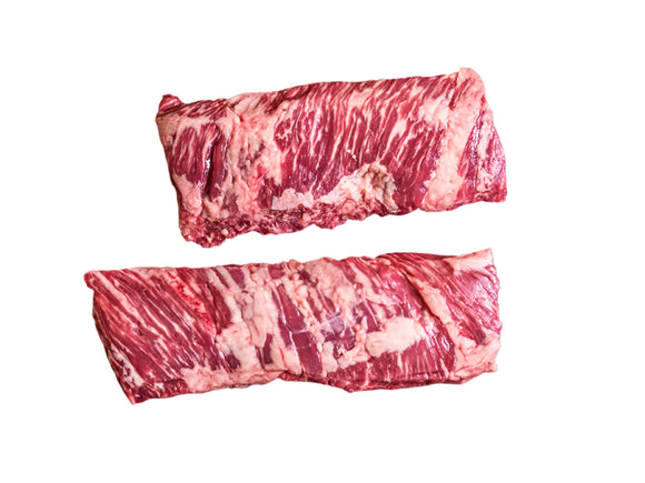 Two pieces of raw meat on a dark surface
